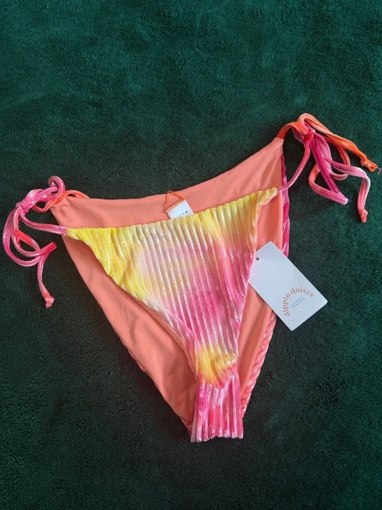 Dippin' Daisy's Coral and Tie-Dye Pink Yellow Ribbed Bikini Bottom - Picture 1 of 7